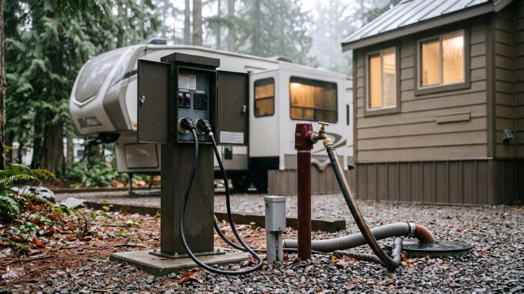 Fifth wheel, tiny home on wheels and park model being compared for towing and relocation in British Columbia, including truck transport and RV park access