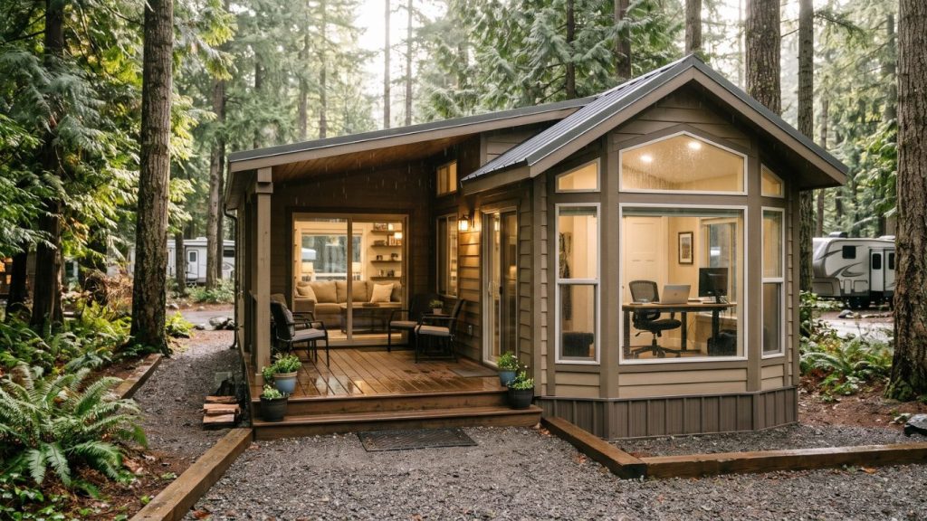 Park model trailer set up on a serviced RV pad in British Columbia, showing its wider house-like design for long-term recreational living
