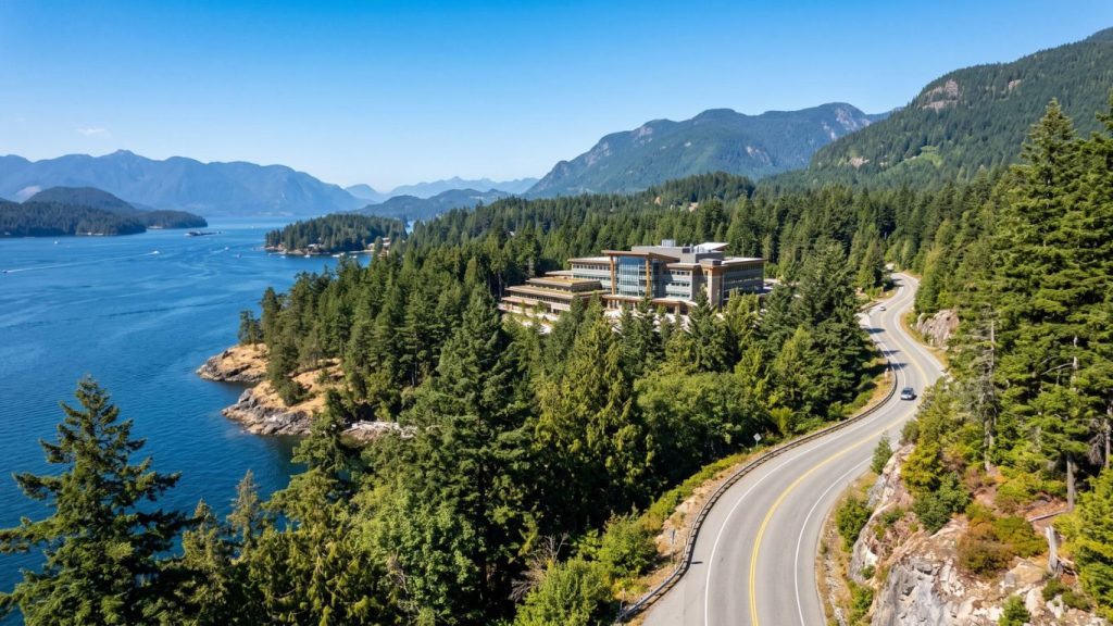 Scenic Sunshine Coast road connecting Sechelt hospital with a peaceful forested RV resort and contract worker accommodation