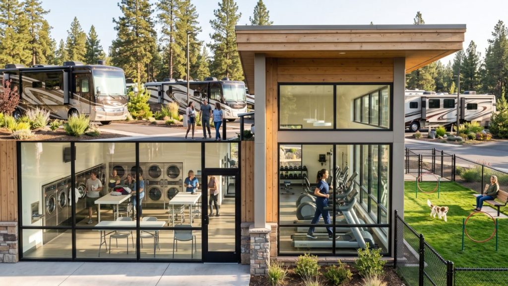 Upscale RV resort amenities with modern laundry facilities, a 24-hour fitness center and a dog park for long-term guests